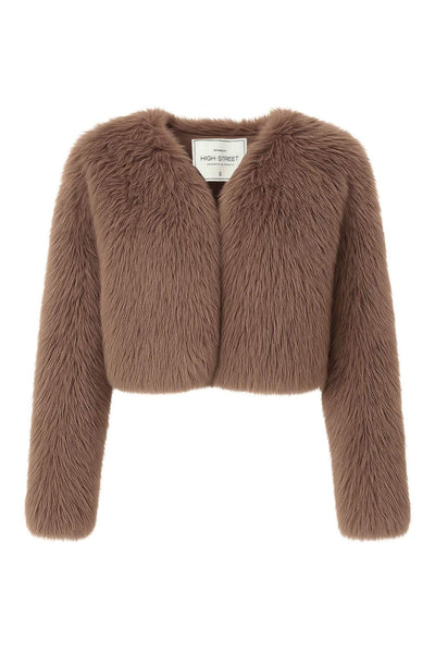 Blazer corto abierto de efecto pelo, fit recto, sin solapa, manga larga y bajo curveado frontal.