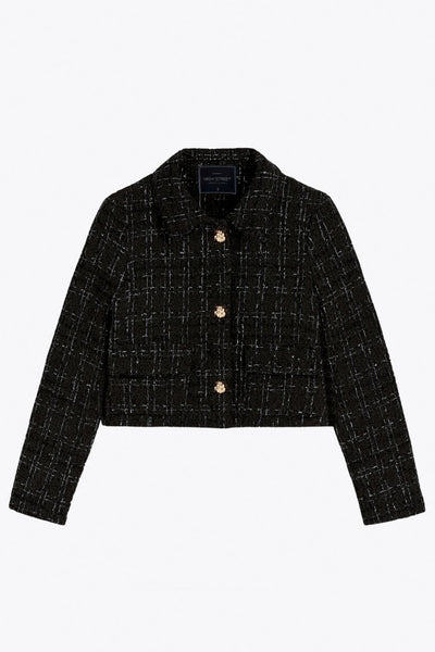 Blazer corto de bouclé, fit recto, con cuello solapa, manga larga, bolsillos delanteros con cartera y cierre frontal con hilera de botones en contraste.