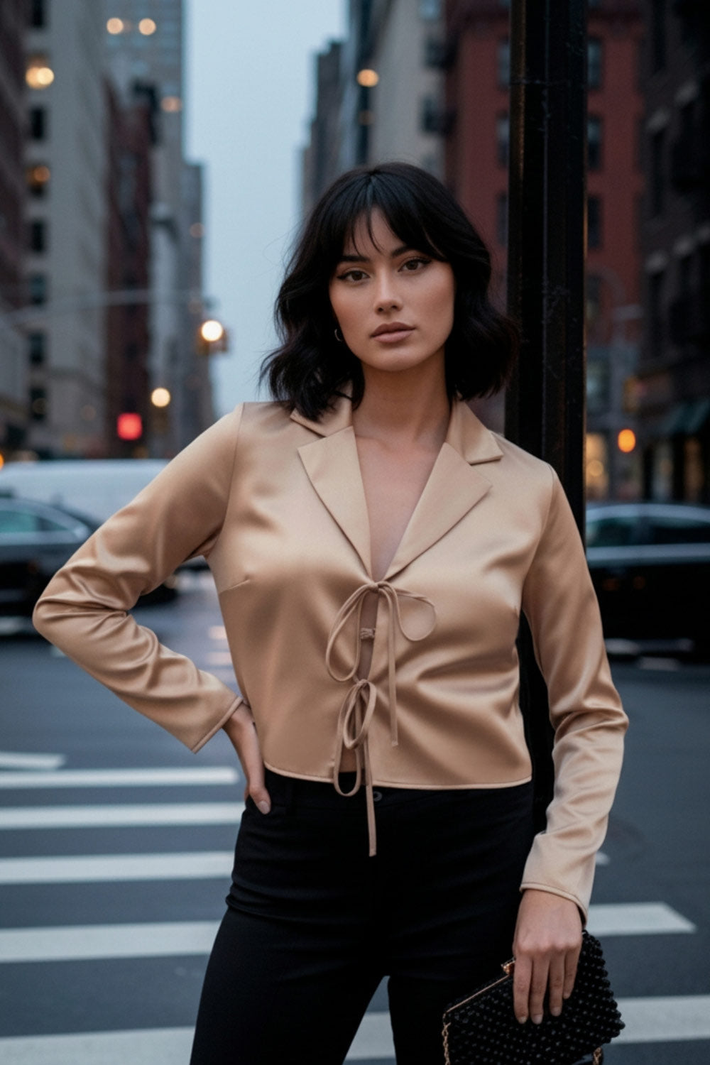 Blazer corto satinado de fit recto, manga larga, con solapa y cierre frontal con doble lazo amarrable.