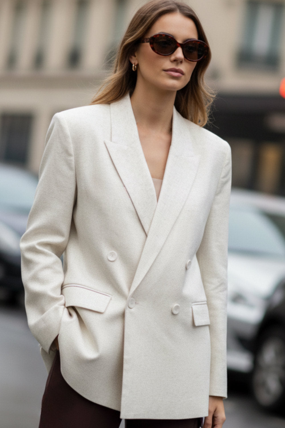 Blazer cruzado de fit oversized, con solapa y hombreras, manga larga, bolsillos delanteros con cartera y cierre frontal con cruce de botones.