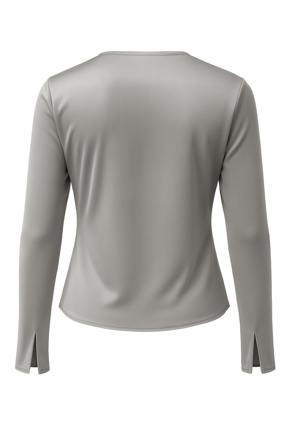 Blusa satinada abierta de fit fluido, escote v, manga larga amplia con abertura en puños y cierre frontal con lazo amarrable.