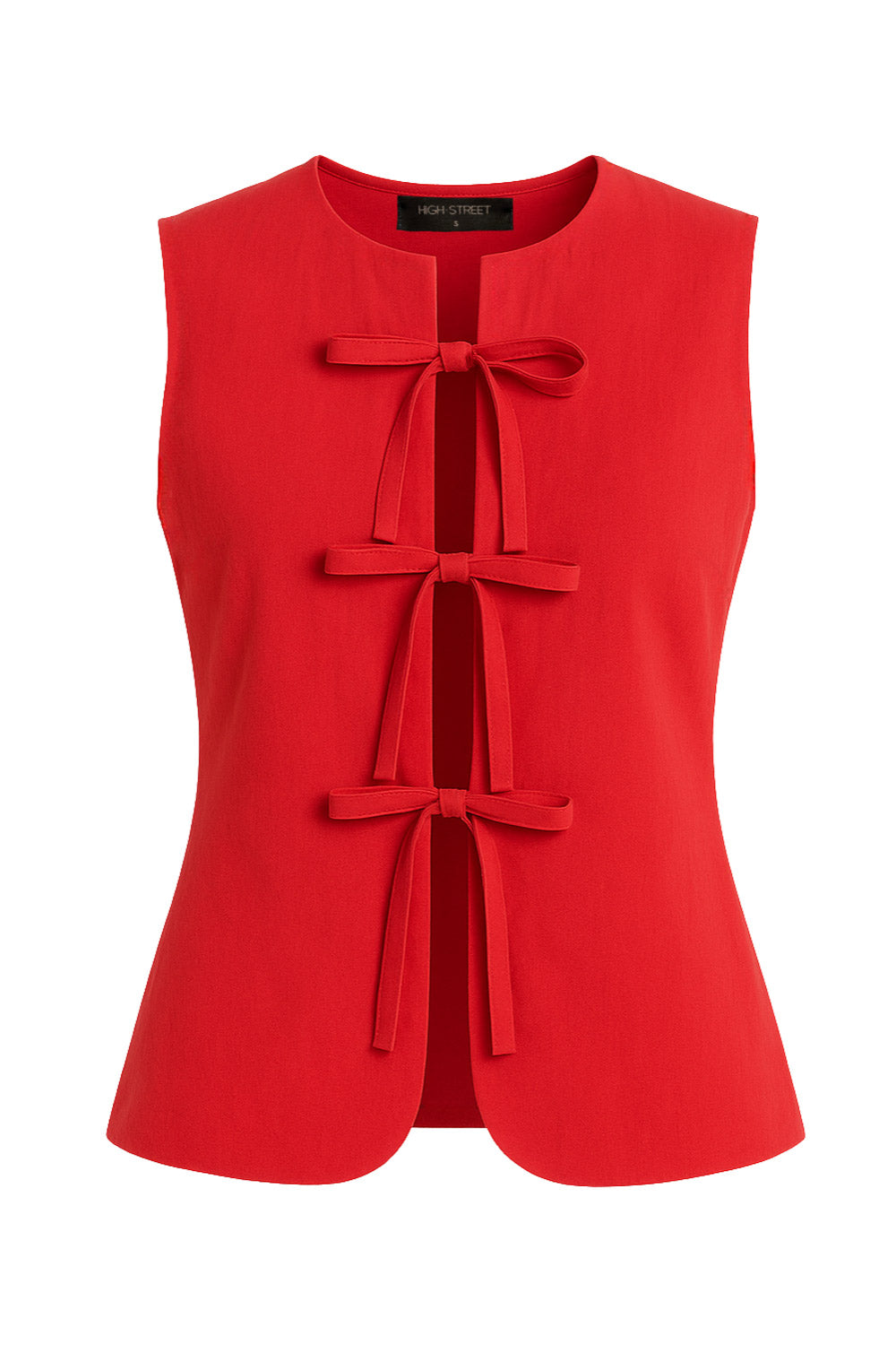 Blusa de fit ajustado, cuello redondo, sin mangas y cierre frontal con lazos amarrables. Detalle de bajo curveado frontal.