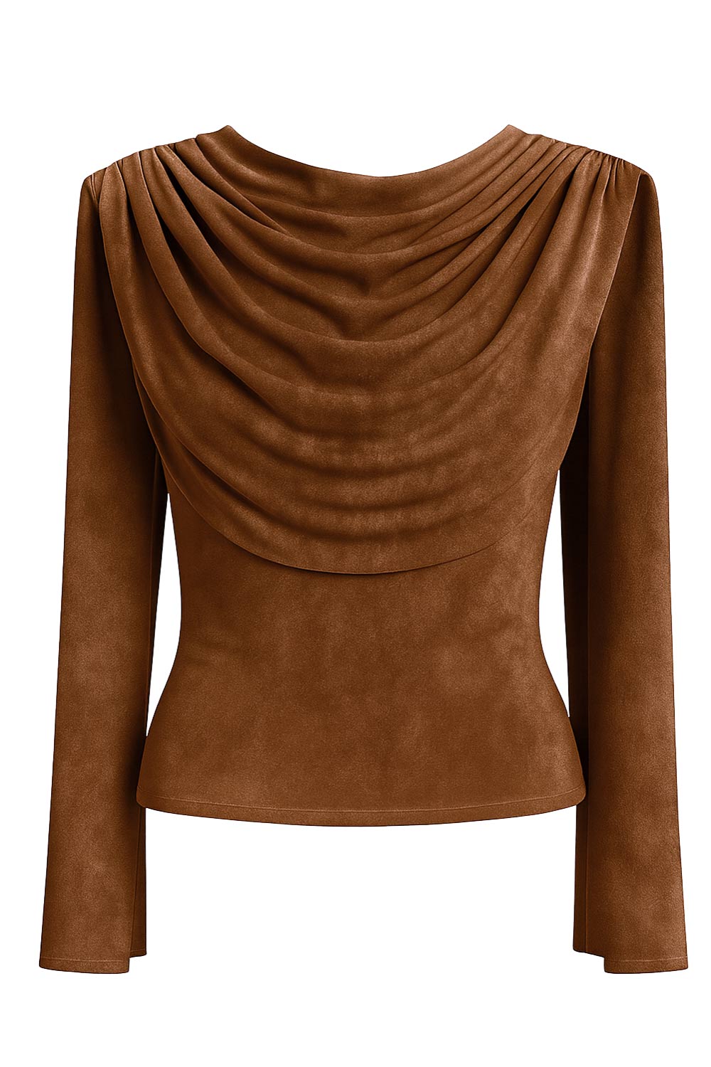 Top de gamuza, fit ajustado, sin mangas, cuello redondo y detalle decorativo frontal con plisados en hombros.