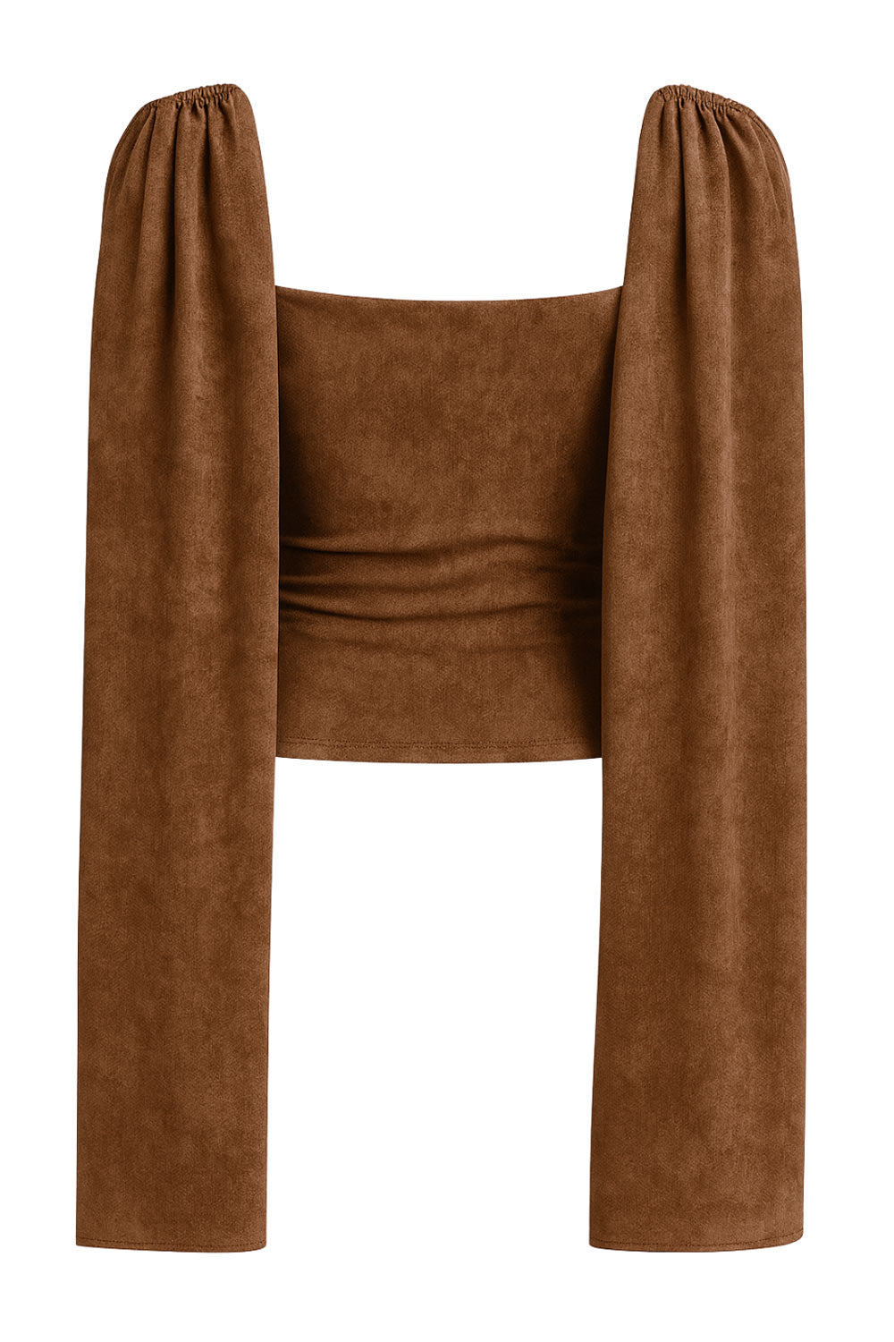 Top de gamuza, fit ajustado, sin mangas, cuello redondo y detalle decorativo frontal con plisados en hombros.