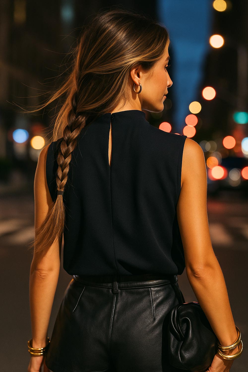 Blusa sin mangas de fit recto, cuello mock con detalles plisados y cierre posterior con botón y ojal.