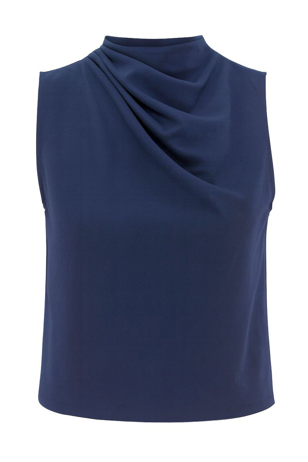 Blusa sin mangas de fit recto, cuello mock con detalles plisados y cierre posterior con botón y ojal.