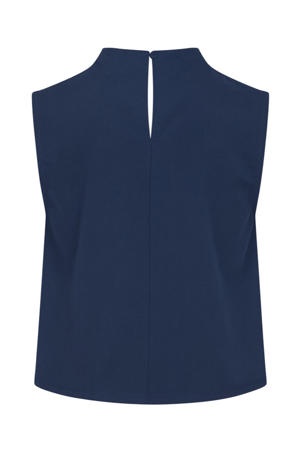 Blusa sin mangas de fit recto, cuello mock con detalles plisados y cierre posterior con botón y ojal.