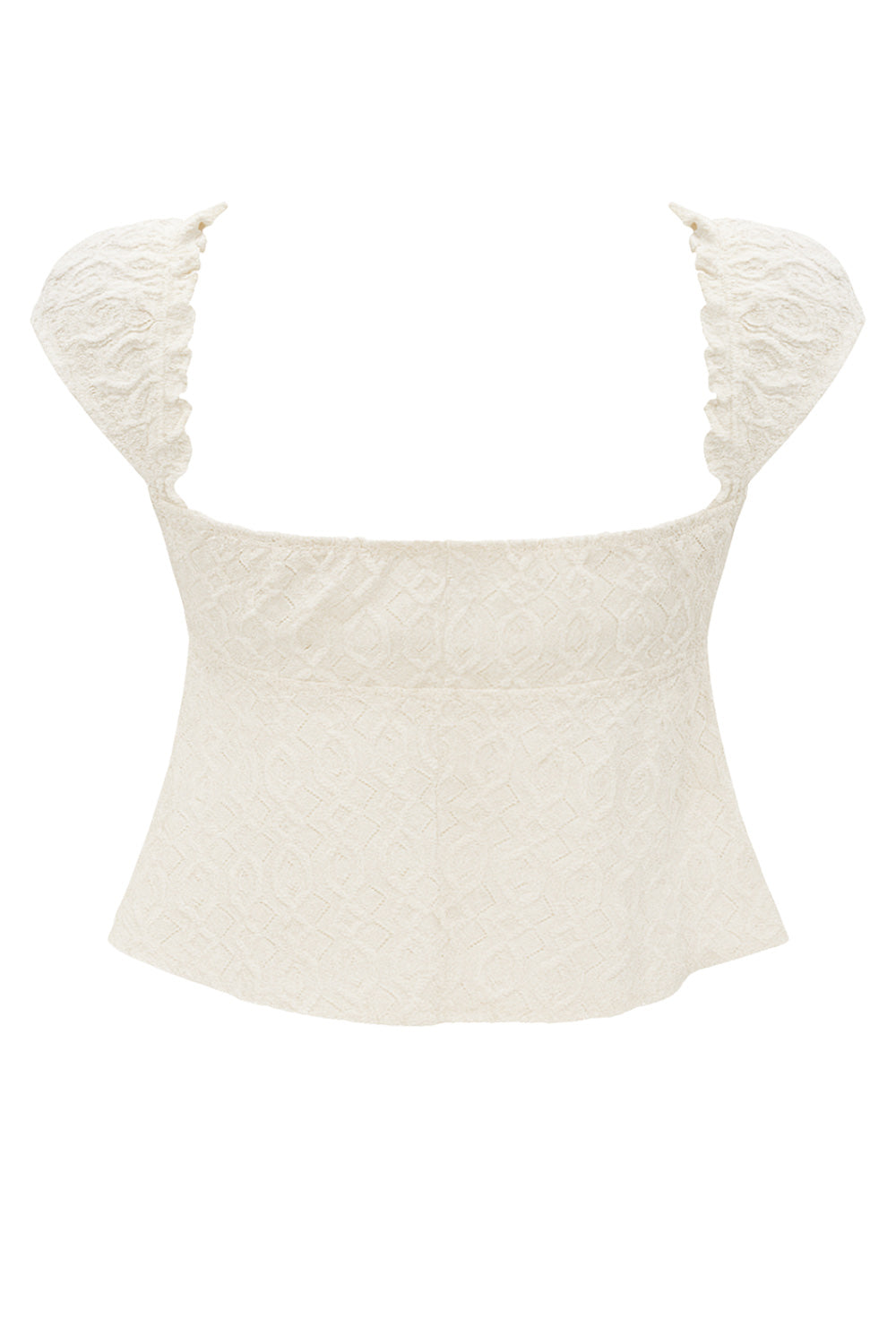 Blusa corta de escote v con cortes, olanes en borde y lazo decorativo frontal, manga corta y peplum con olanes en bajo. Detalle de textura en tejido.