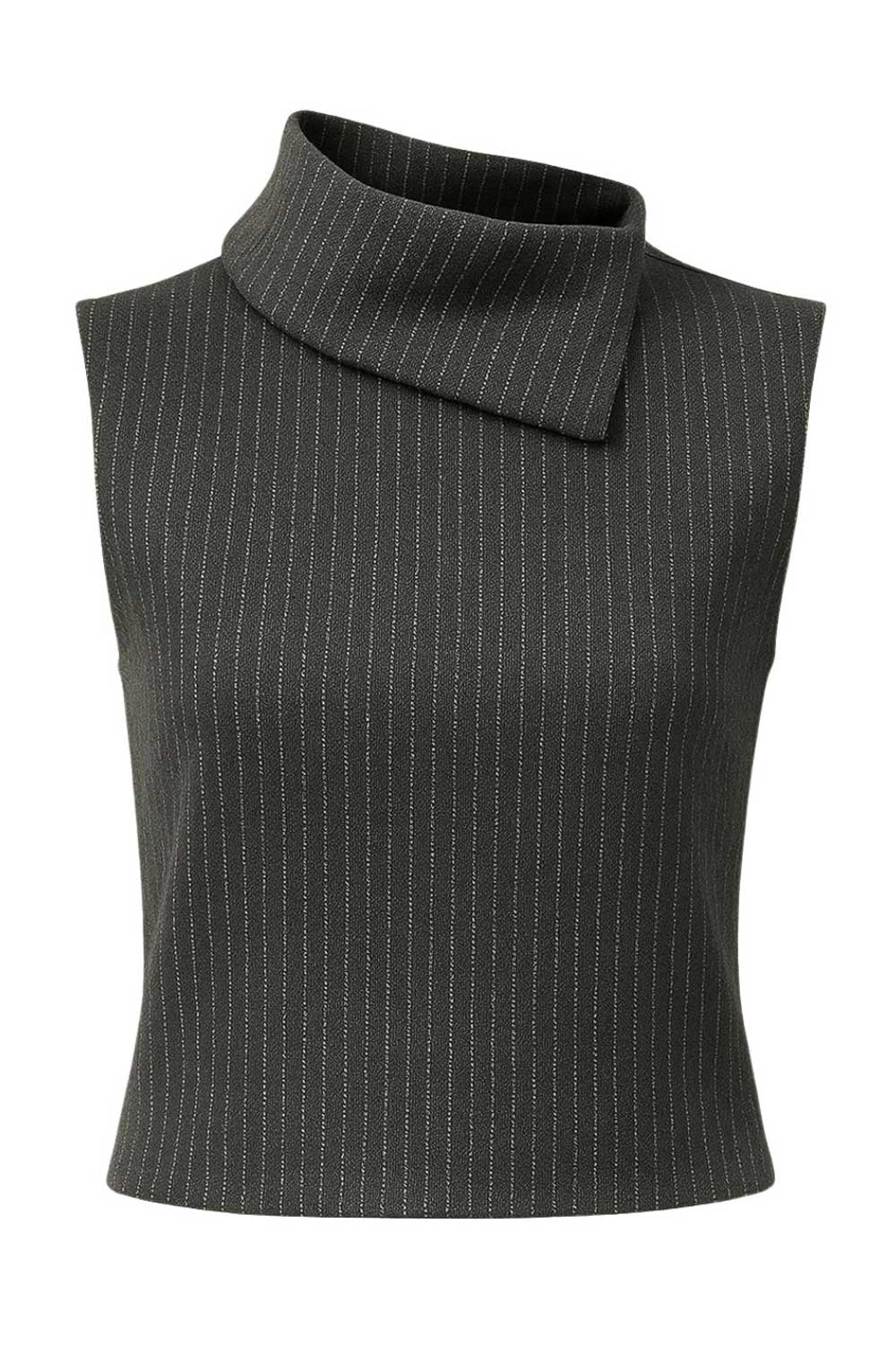 Blusa corta de estampado rayas, fit recto, sin mangas y cuello alto con doblez y detalle decorativo asimétrico.