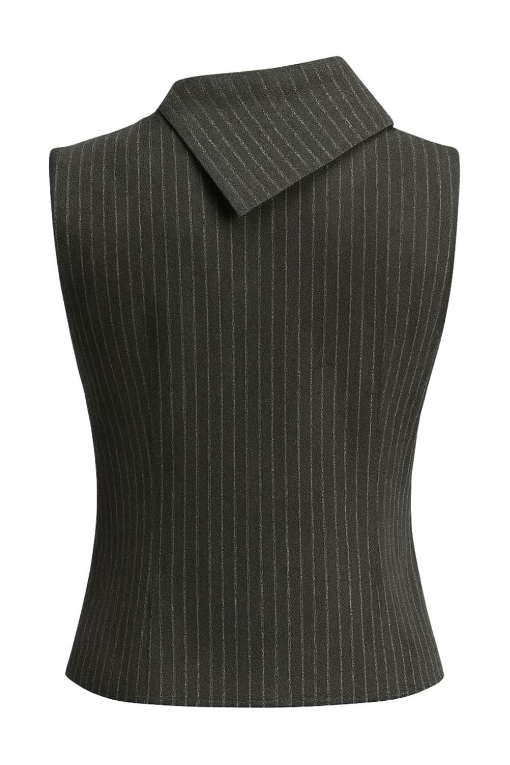 Blusa corta de estampado rayas, fit recto, sin mangas y cuello alto con doblez y detalle decorativo asimétrico.