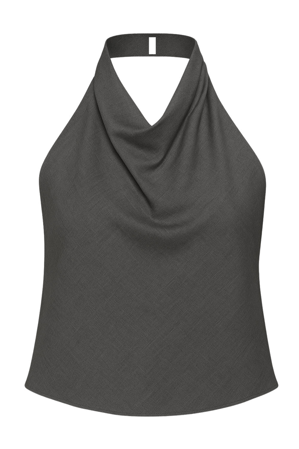 Blusa de cuello halter con escote fluido, sin mangas, escote en espalda, cierre posterior con botón y ojal.