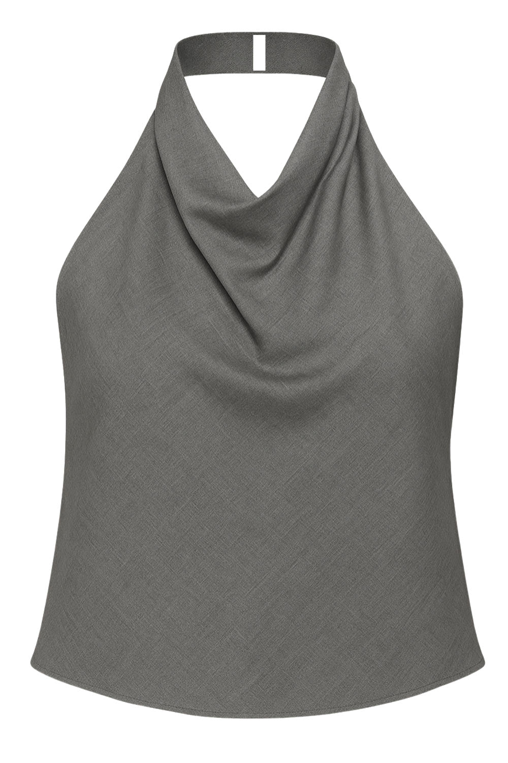 Blusa de cuello halter con escote fluido, sin mangas, escote en espalda, cierre posterior con botón y ojal.