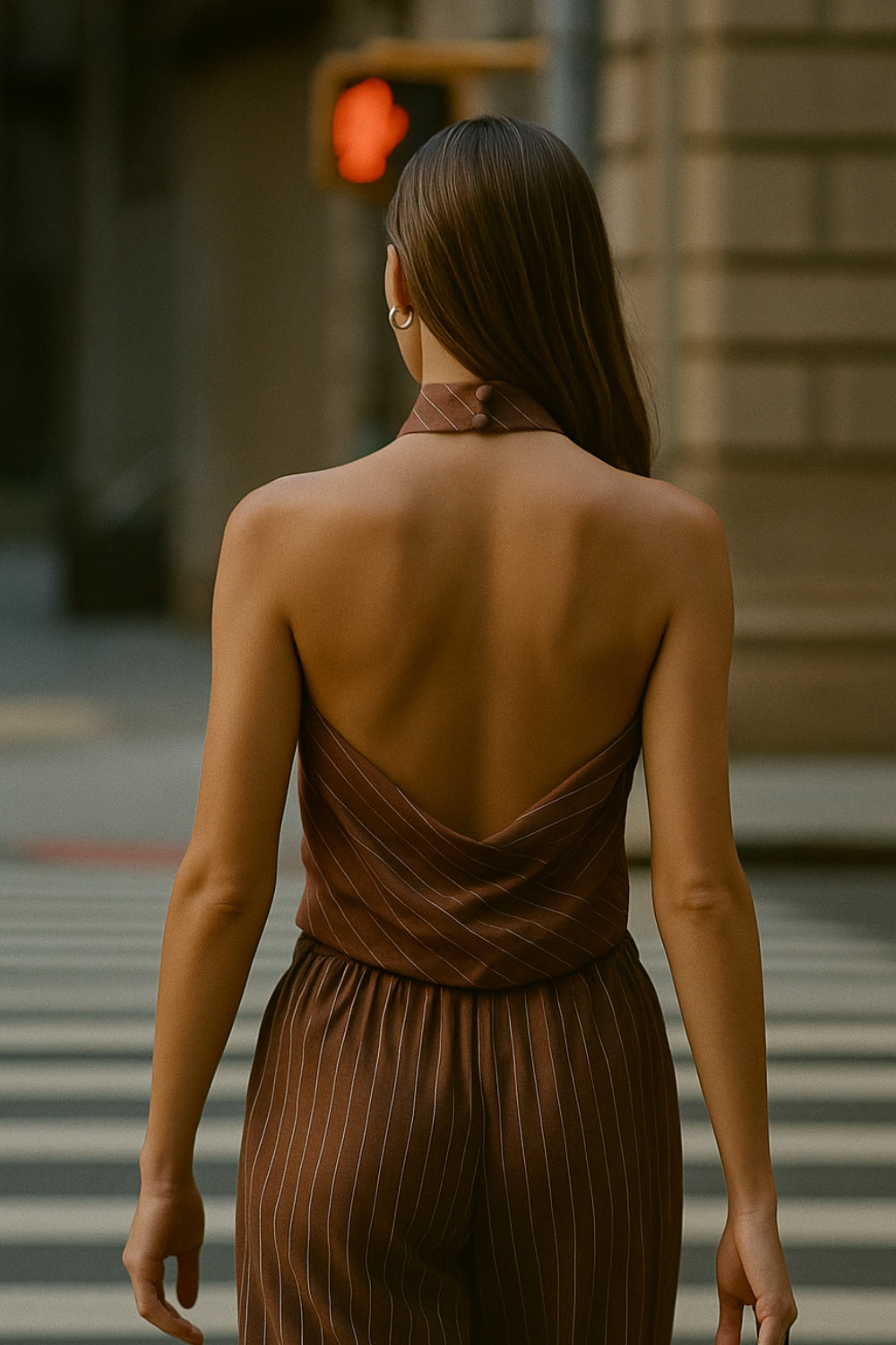 Blusa corta de lino, fit recto, estampado rayas, halter con cuello fluido, sin mangas, escote en espalda, cierre posterior con botón y ojal.