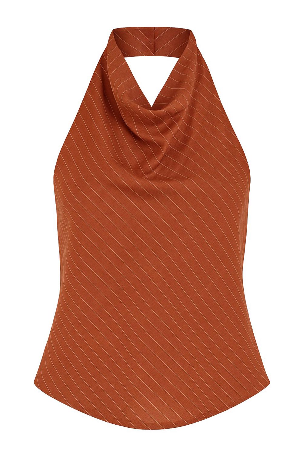 Blusa corta de lino, fit recto, estampado rayas, halter con cuello fluido, sin mangas, escote en espalda, cierre posterior con botón y ojal.