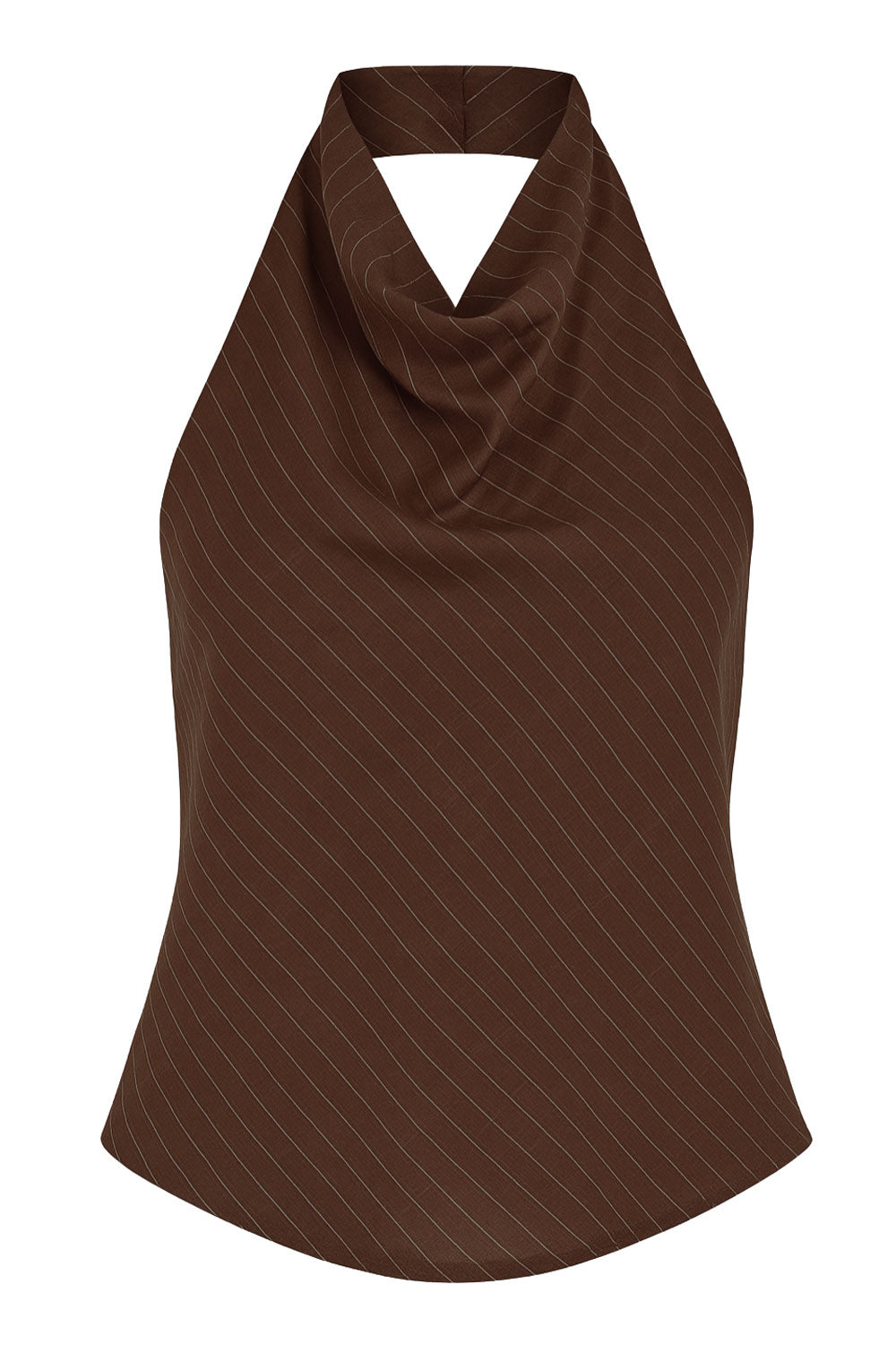 Blusa corta de lino, fit recto, estampado rayas, halter con cuello fluido, sin mangas, escote en espalda, cierre posterior con botón y ojal.