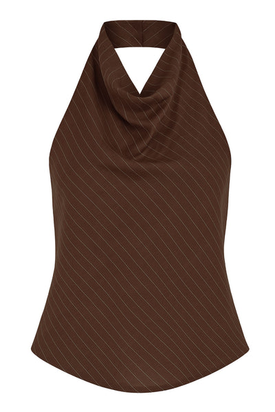 Blusa corta de lino, fit recto, estampado rayas, halter con cuello fluido, sin mangas, escote en espalda, cierre posterior con botón y ojal.