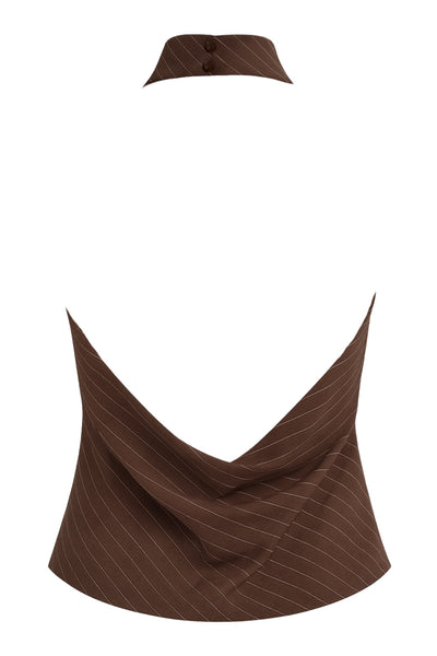 Blusa corta de lino, fit recto, estampado rayas, halter con cuello fluido, sin mangas, escote en espalda, cierre posterior con botón y ojal.