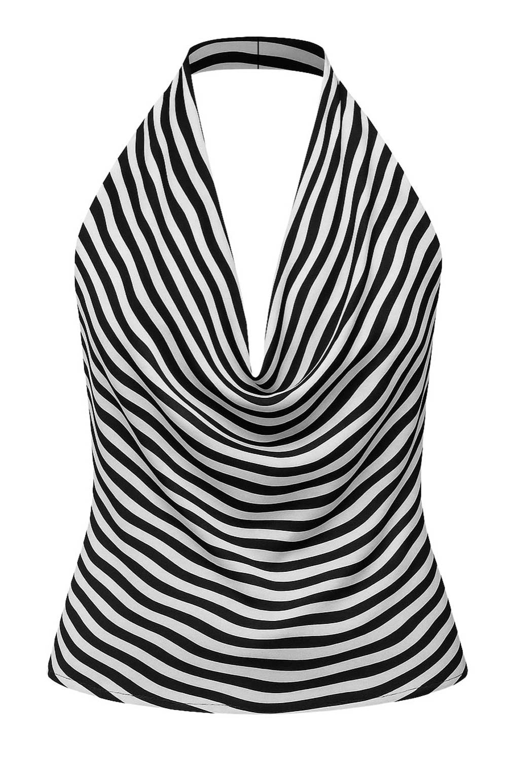 Blusa corta de estampado rayas, cuello halter, escote fluido frontal y en espalda.