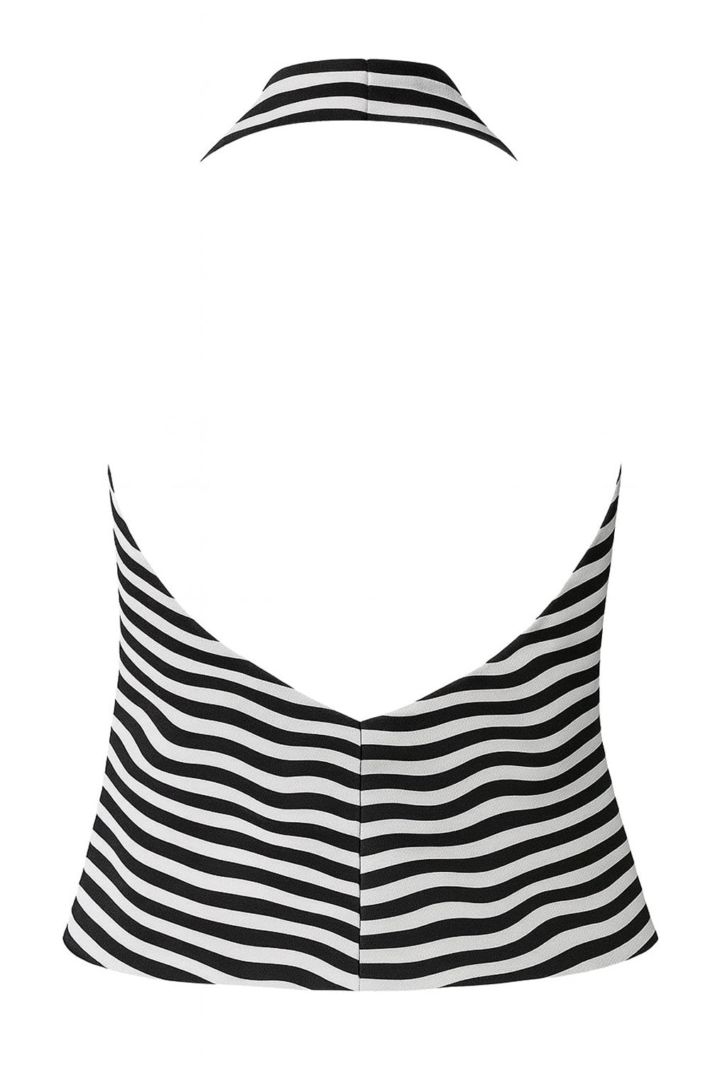 Blusa corta de estampado rayas, cuello halter, escote fluido frontal y en espalda.