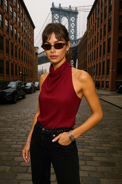 Blusa de cuello halter con escote fluido, sin mangas, escote en espalda, cierre posterior con botón y ojal.