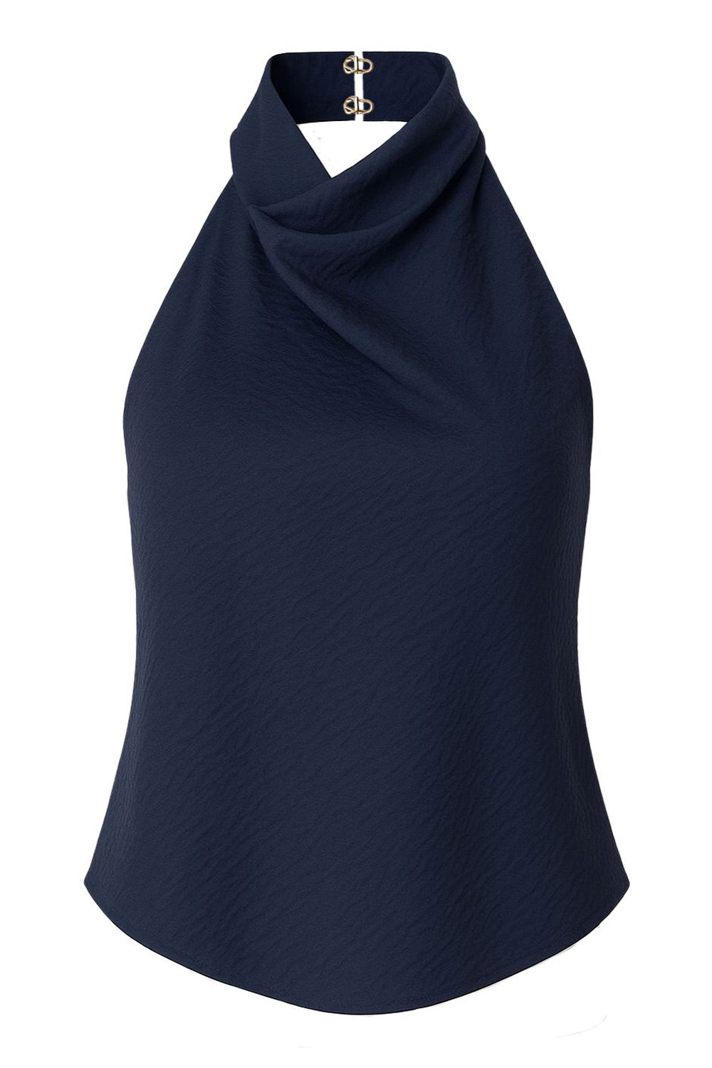 Blusa de cuello halter con escote fluido, sin mangas, escote en espalda, cierre posterior con botón y ojal.