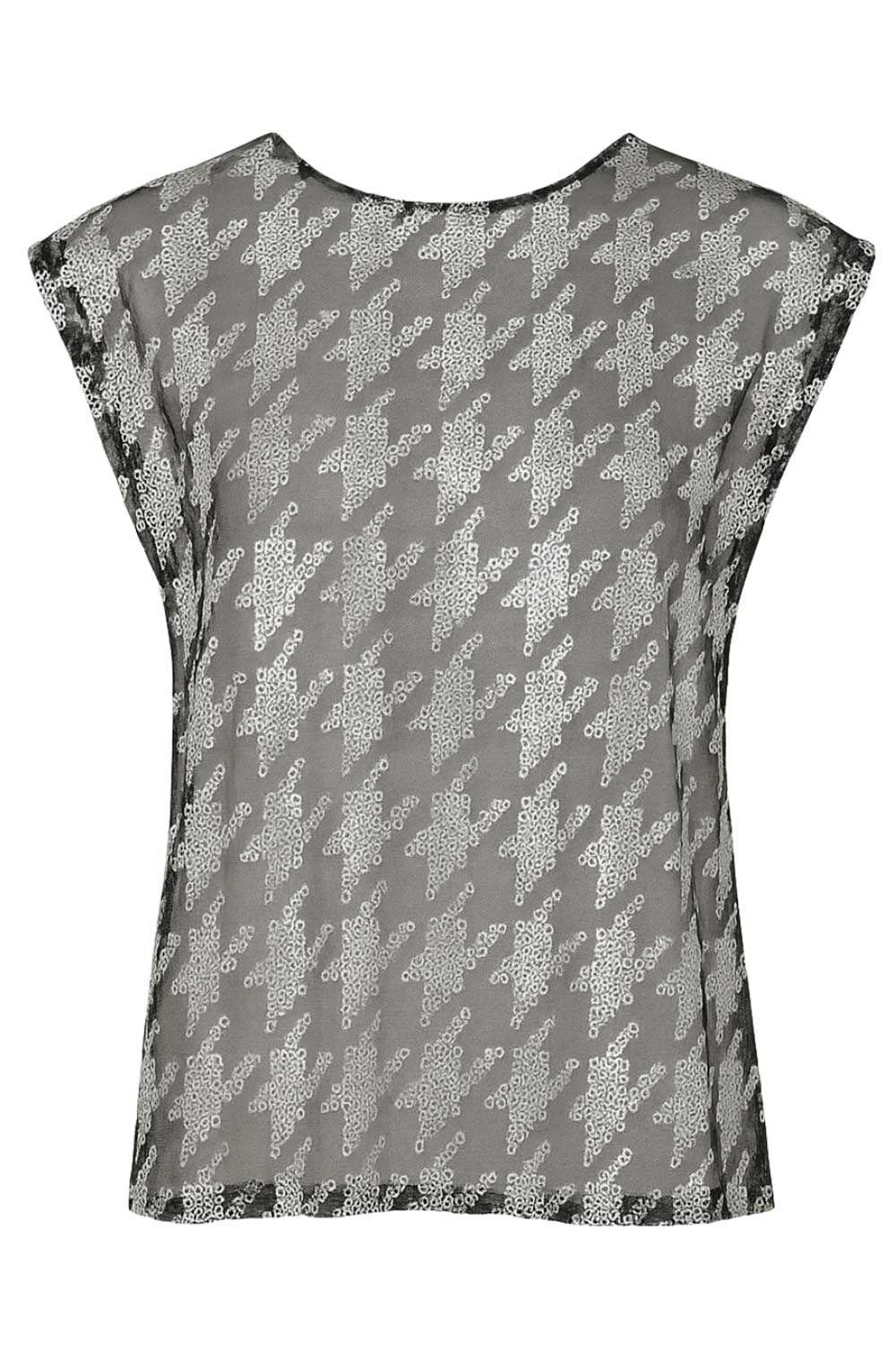 Blusa de mesh fluido, manga corta seguida, cuello redondo y detalle de estampado pata de gallo con lentejuelas.