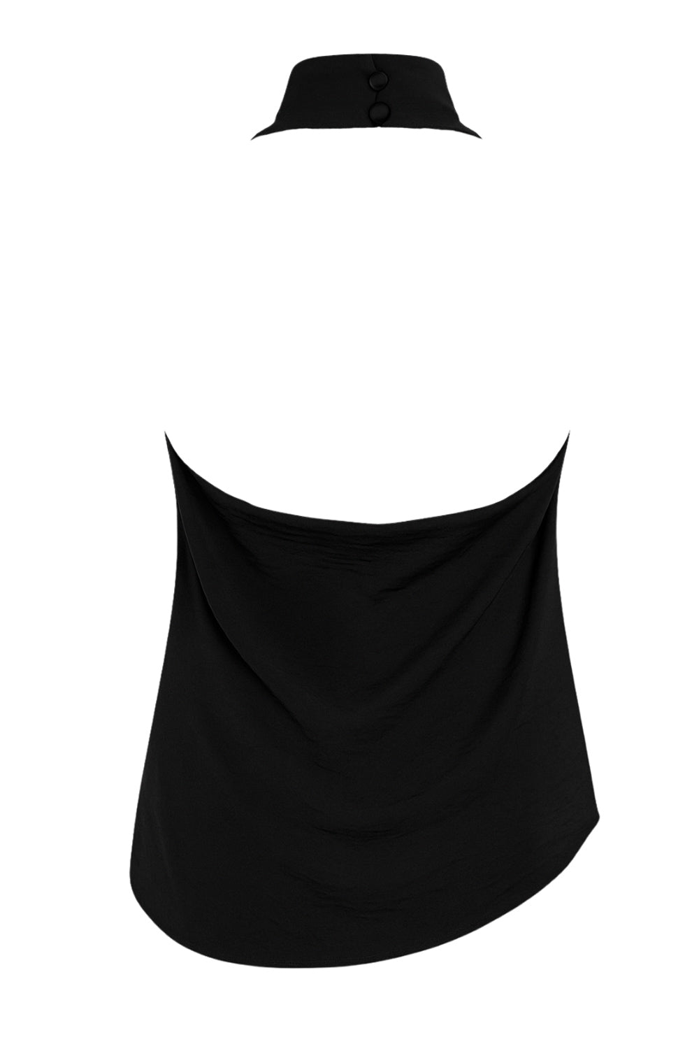 Blusa fluida de cuello alto halter, sin mangas, bajo asimétrico, escote frontal y en espalda.