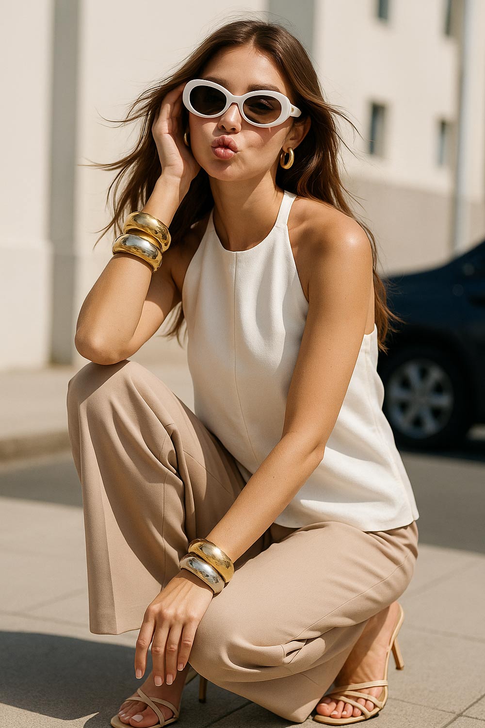 Blusa de fit fluido, cuello halter con nudo amarrable posterior, escote en espalda y cierre posterior con trabilla ajustable.