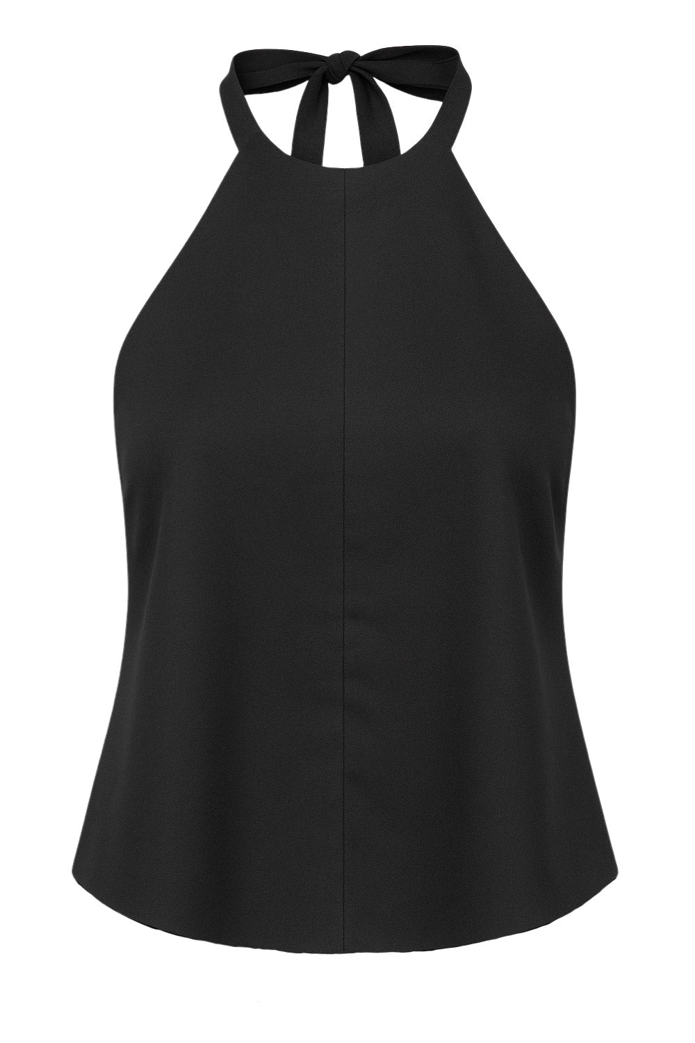Blusa de fit fluido, cuello halter con nudo amarrable posterior, escote en espalda y cierre posterior con trabilla ajustable.