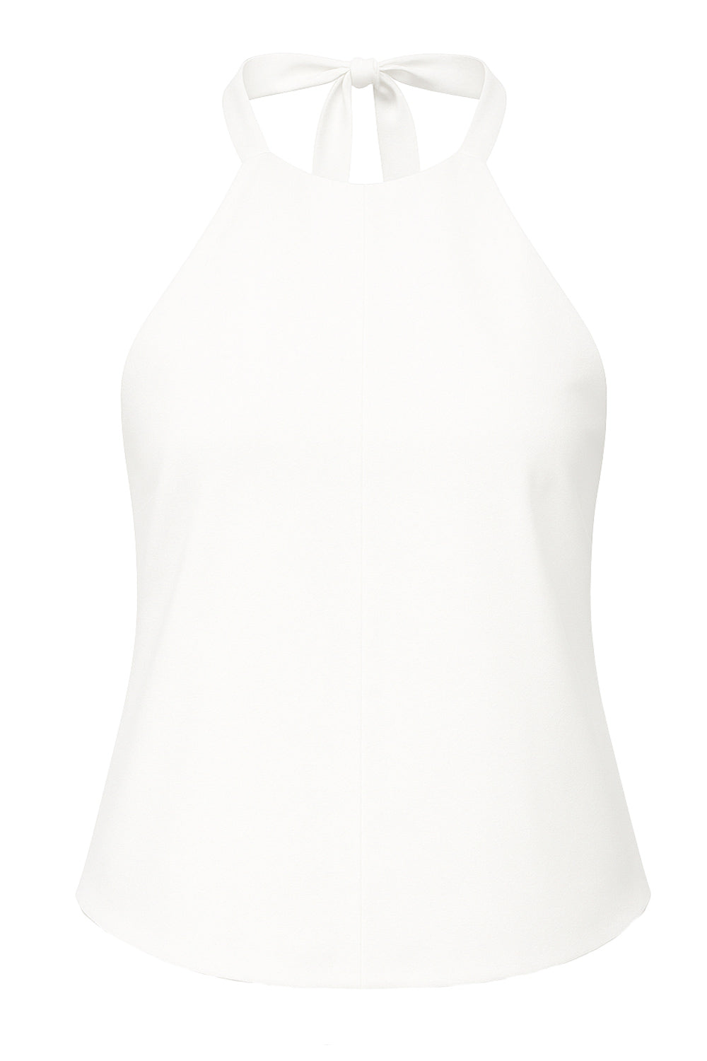 Blusa de fit fluido, cuello halter con nudo amarrable posterior, escote en espalda y cierre posterior con trabilla ajustable.