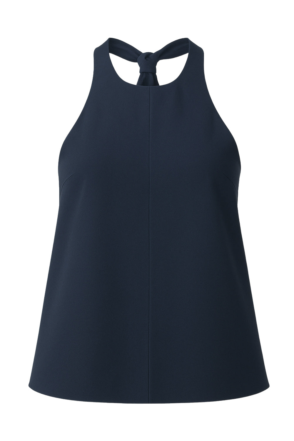 Blusa de fit fluido, cuello halter con nudo amarrable posterior, escote en espalda y cierre posterior con trabilla ajustable.