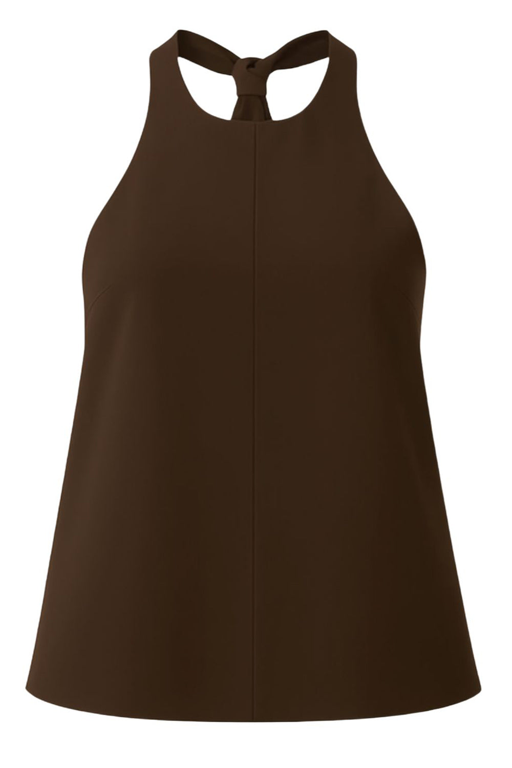 Blusa de fit fluido, cuello halter con nudo amarrable posterior, escote en espalda y cierre posterior con trabilla ajustable.