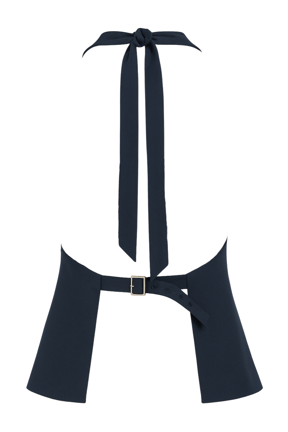 Blusa de fit fluido, cuello halter con nudo amarrable posterior, escote en espalda y cierre posterior con trabilla ajustable.