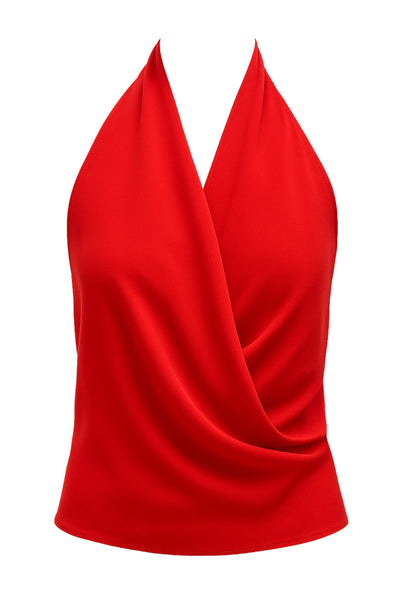 Blusa fluida corta de cuello halter, escote v cruzado con plisados frontales, escote en espalda y lazo amarrable posterior.