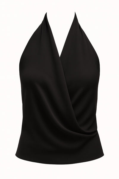 Blusa fluida corta de cuello halter, escote v cruzado con plisados frontales, escote en espalda y lazo amarrable posterior.