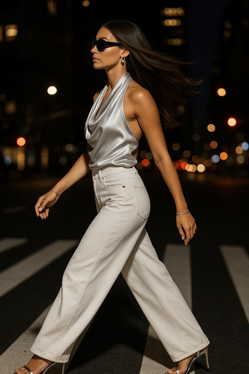 Blusa satinada corta de cuello halter, escote fluido frontal y en espalda.