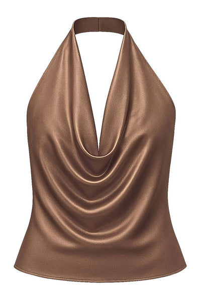 Blusa satinada corta de cuello halter, escote fluido frontal y en espalda.