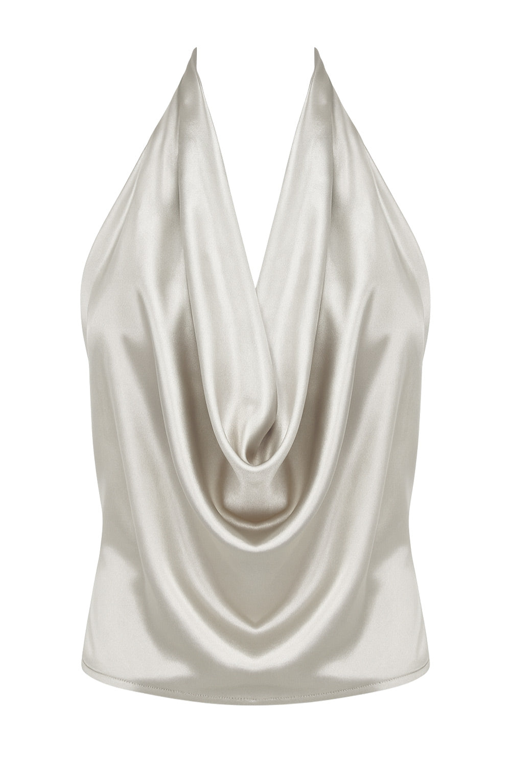 Blusa satinada corta de cuello halter, escote fluido frontal y en espalda.