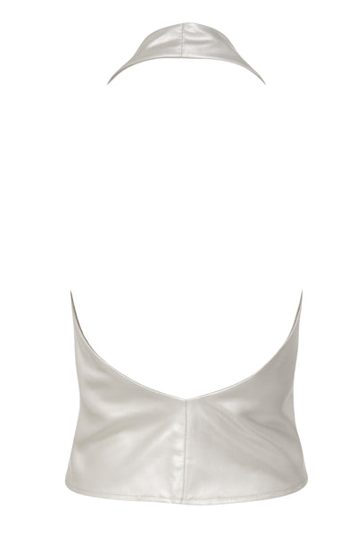 Blusa satinada corta de cuello halter, escote fluido frontal y en espalda.