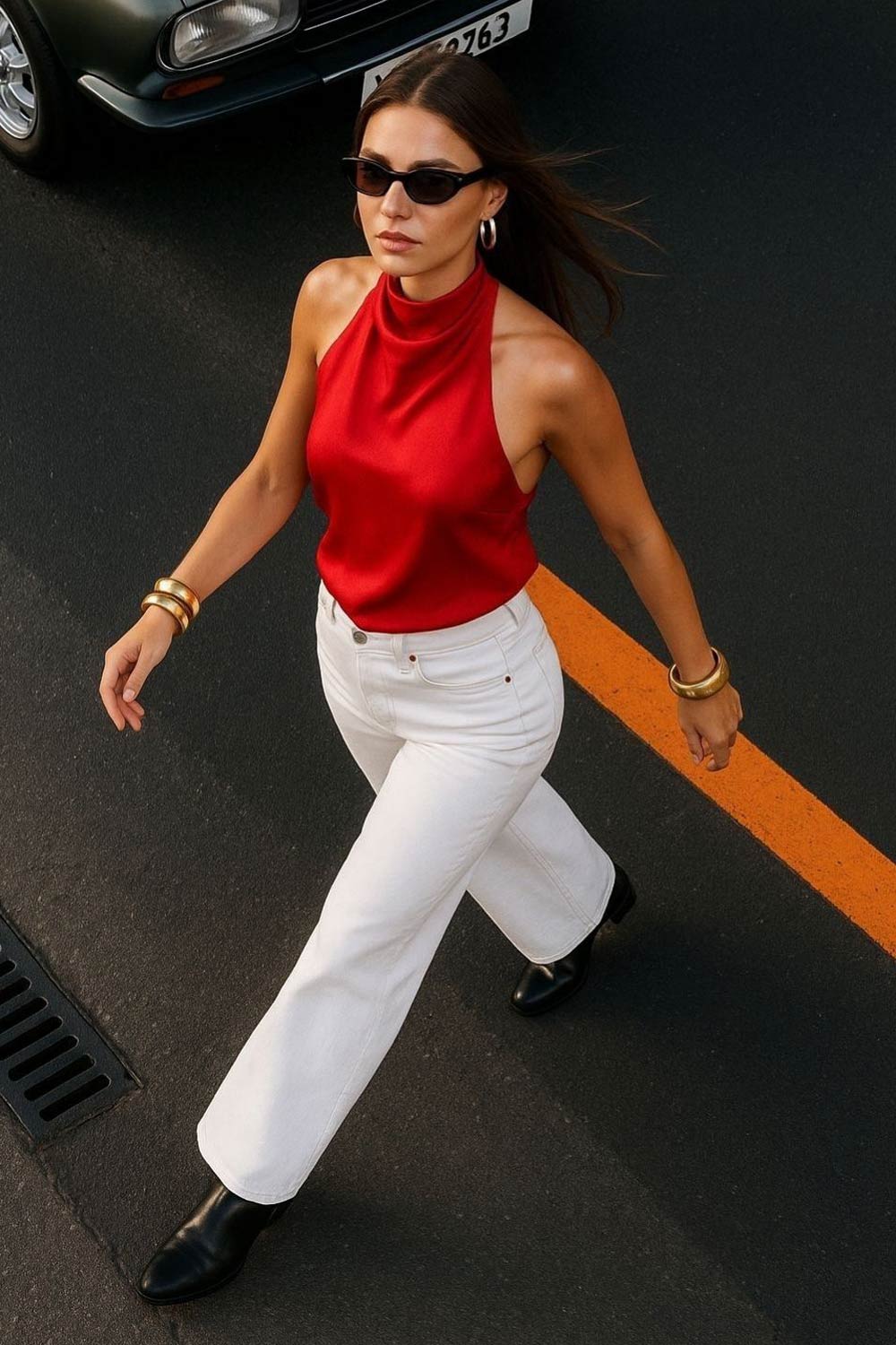 Blusa halter de cuello alto fluido, sin mangas, fit recto, escote en espalda y bajo asimétrico frontal. Cierre posterior con botón y ojal.