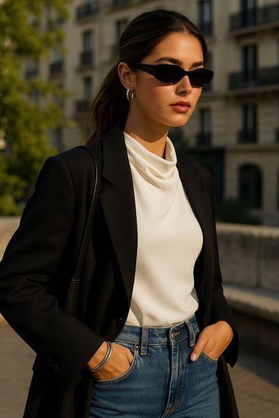 Blusa halter de cuello alto fluido, sin mangas, fit recto, escote en espalda y bajo asimétrico frontal. Cierre posterior con botón y ojal.