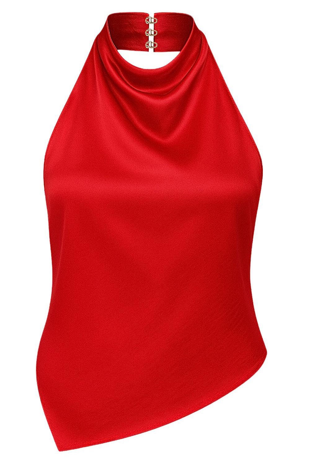 Blusa halter de cuello alto fluido, sin mangas, fit recto, escote en espalda y bajo asimétrico frontal. Cierre posterior con botón y ojal.