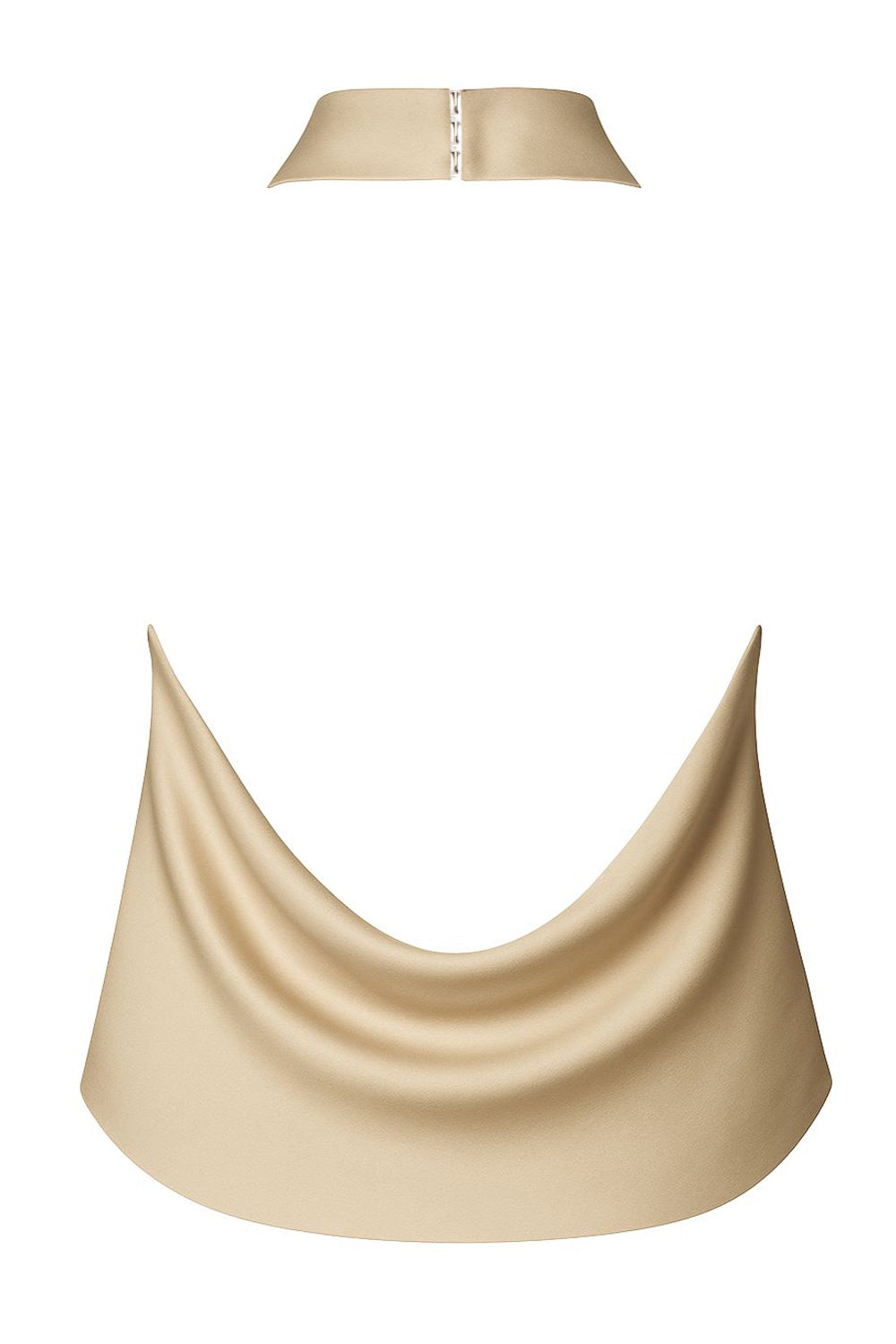 Blusa halter de cuello alto fluido, sin mangas, fit recto, escote en espalda y bajo asimétrico frontal. Cierre posterior con botón y ojal.