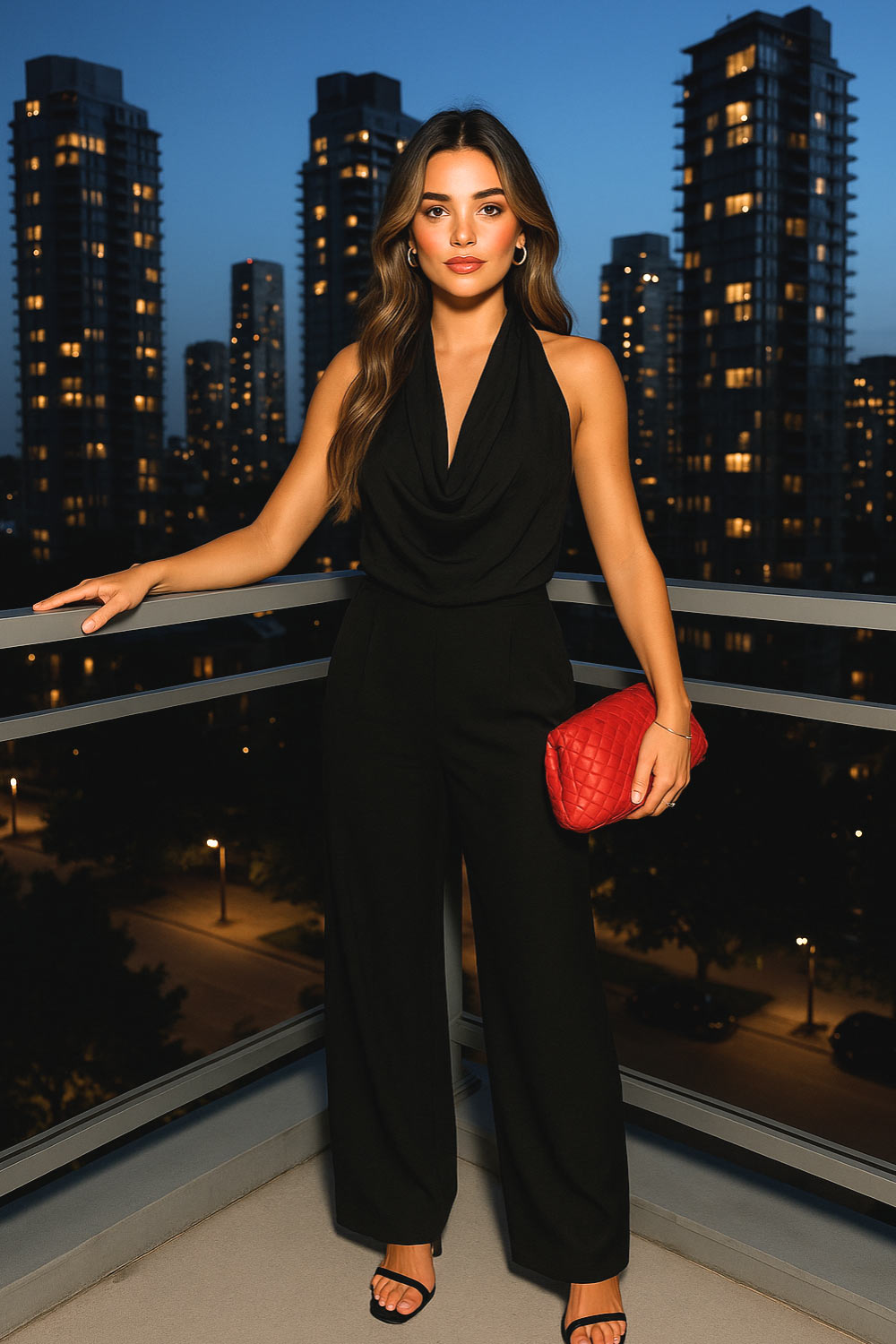 Blusa de cuello halter, escote fluido frontal, sin mangas y escote en espalda.