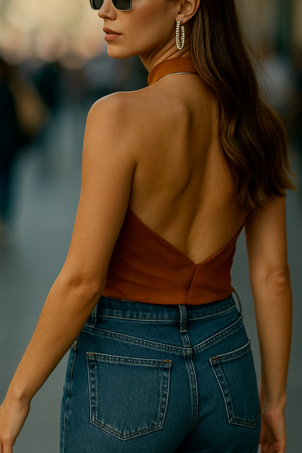 Blusa de cuello halter, escote fluido frontal, sin mangas y escote en espalda.