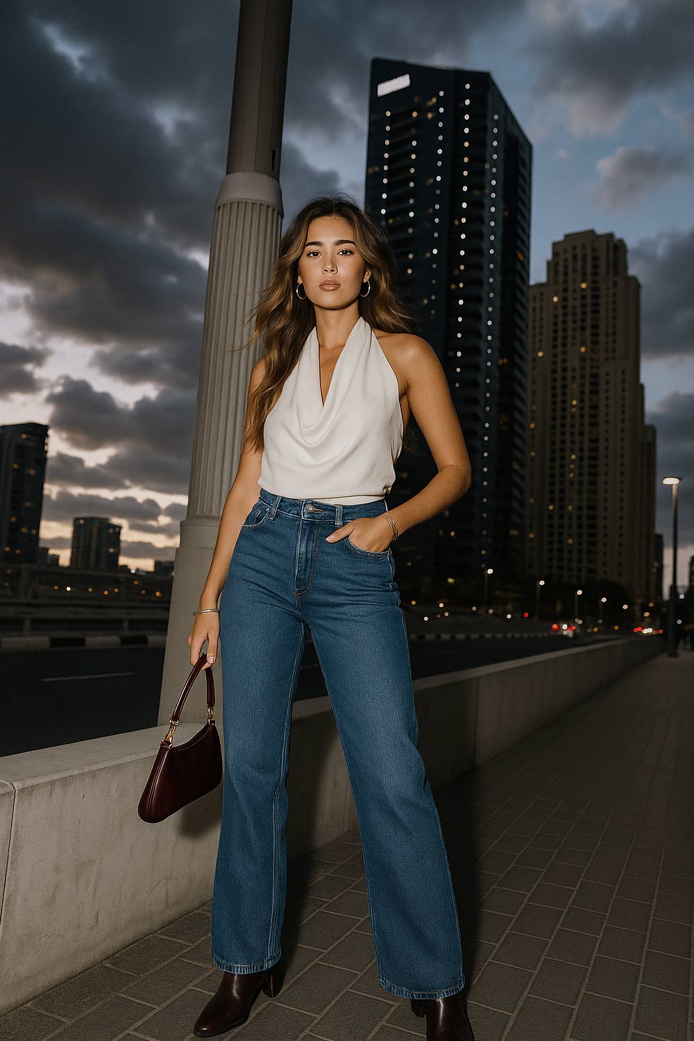 Blusa corta de cuello halter, escote fluido frontal y en espalda.