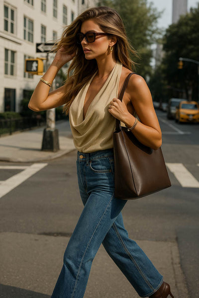 Blusa corta de cuello halter, escote fluido frontal y en espalda.