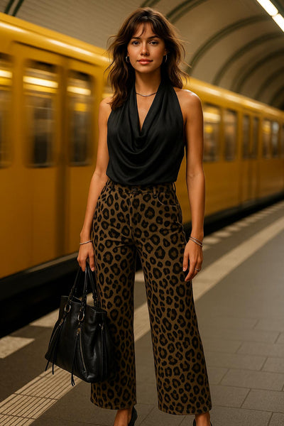 Blusa corta de cuello halter, escote fluido frontal y en espalda.