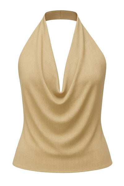 Blusa corta de cuello halter, escote fluido frontal y en espalda.