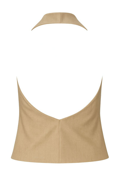 Blusa corta de cuello halter, escote fluido frontal y en espalda.